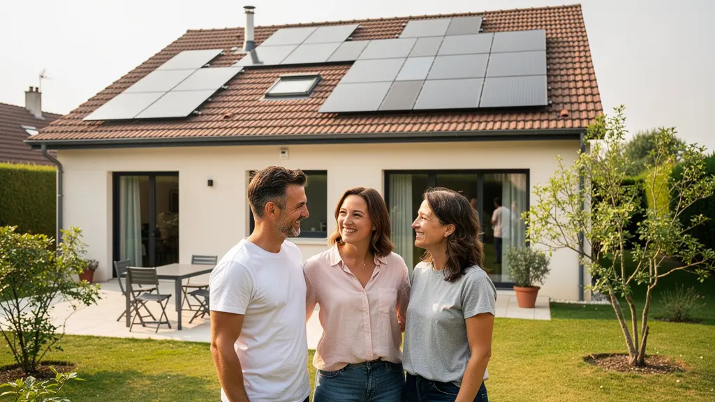 Maison individuelle équipée de panneaux solaires photovoltaïques avec famille dans le jardin