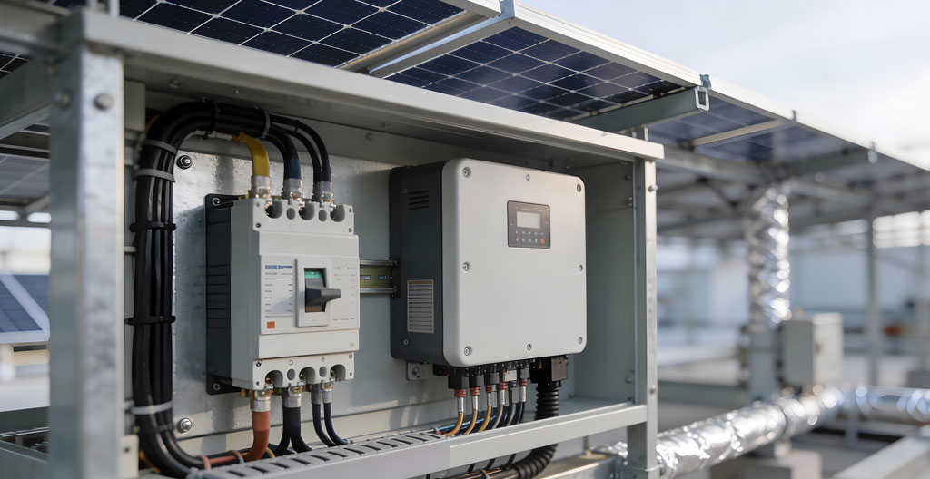 Vue technique d'un micro-onduleur installé sous panneau solaire lors d'une installation professionnelle