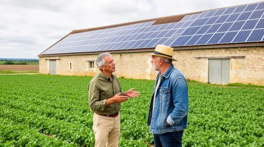 Consultant photovoltaïque accompagnant un agriculteur devant un hangar équipé de panneaux solaires