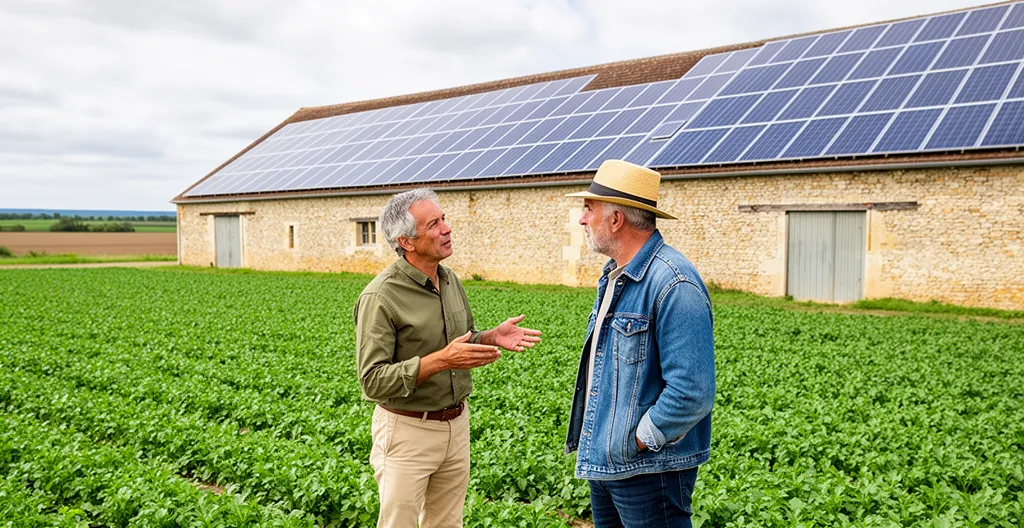 Consultant photovoltaïque accompagnant un agriculteur devant un hangar équipé de panneaux solaires