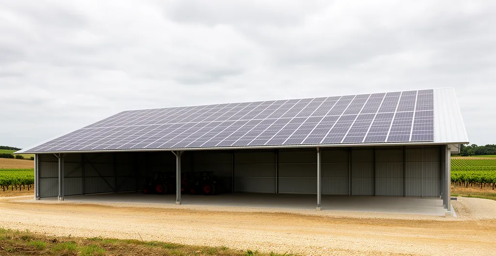 Hangar agricole photovoltaïque achevé avec panneaux solaires en toiture