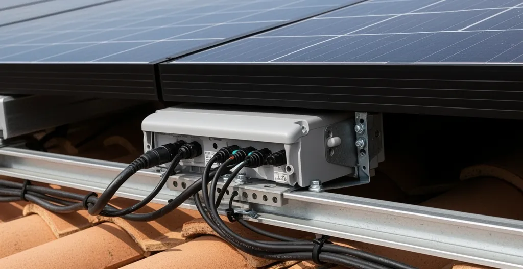 Vue technique d'un micro-onduleur installé sous panneau solaire lors d'une installation professionnelle