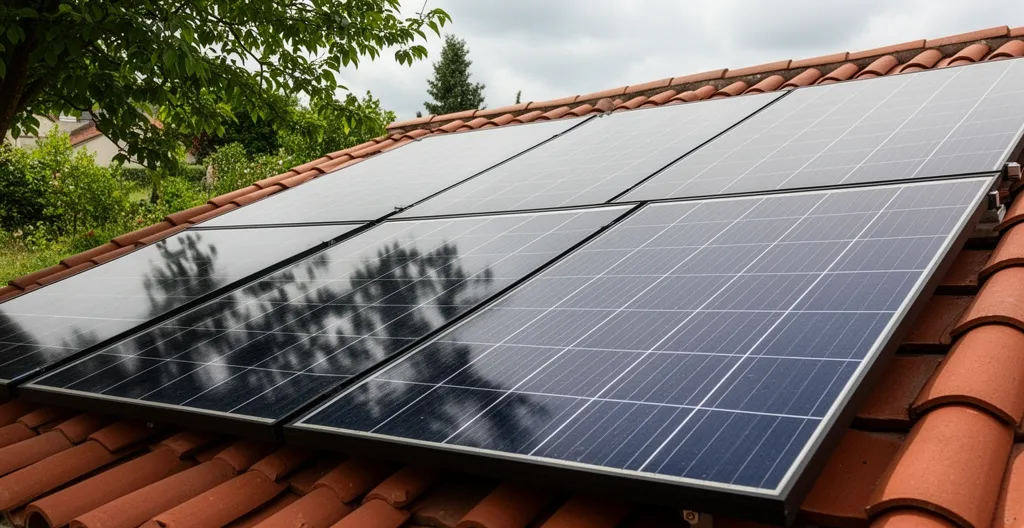 Panneaux solaires sur toiture française avec ombre partielle d'arbre illustrant l'impact des masques solaires