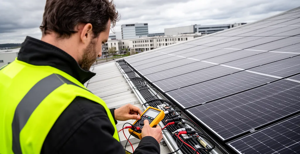Technicien vérifiant une installation photovoltaïque sur toiture industrielle