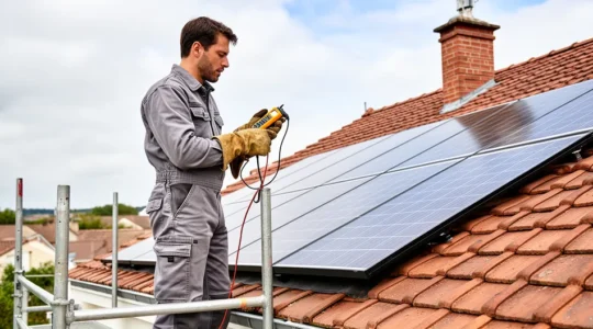 Technicien photovoltaïque inspectant installation panneaux solaires sur toiture résidentielle française