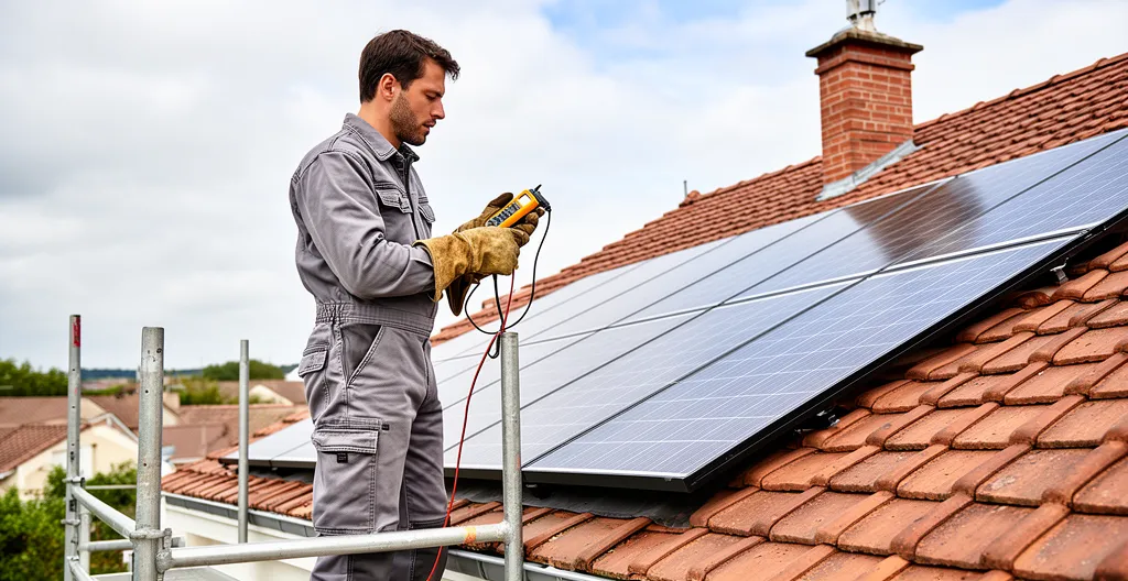 Technicien photovoltaïque inspectant installation panneaux solaires sur toiture résidentielle française