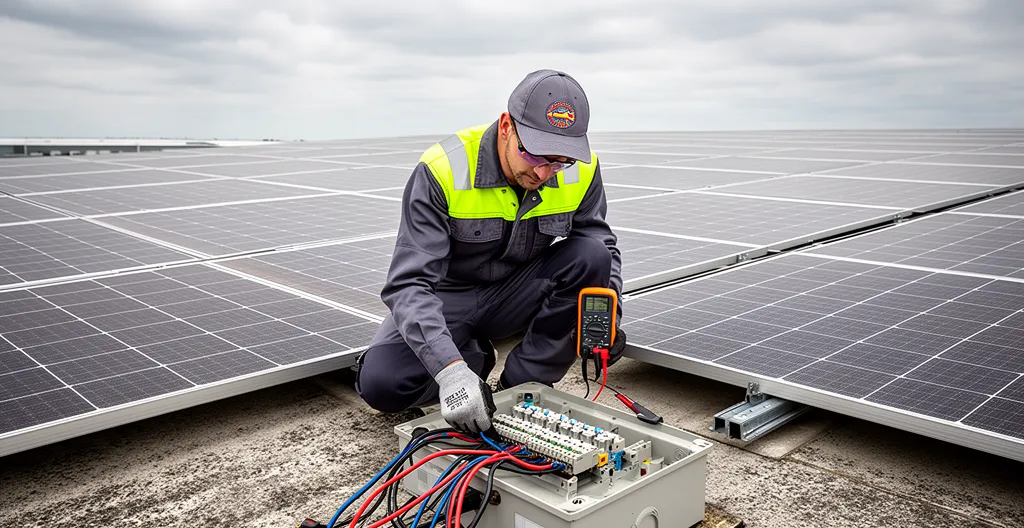 Technicien vérifiant une installation photovoltaïque sur toiture industrielle