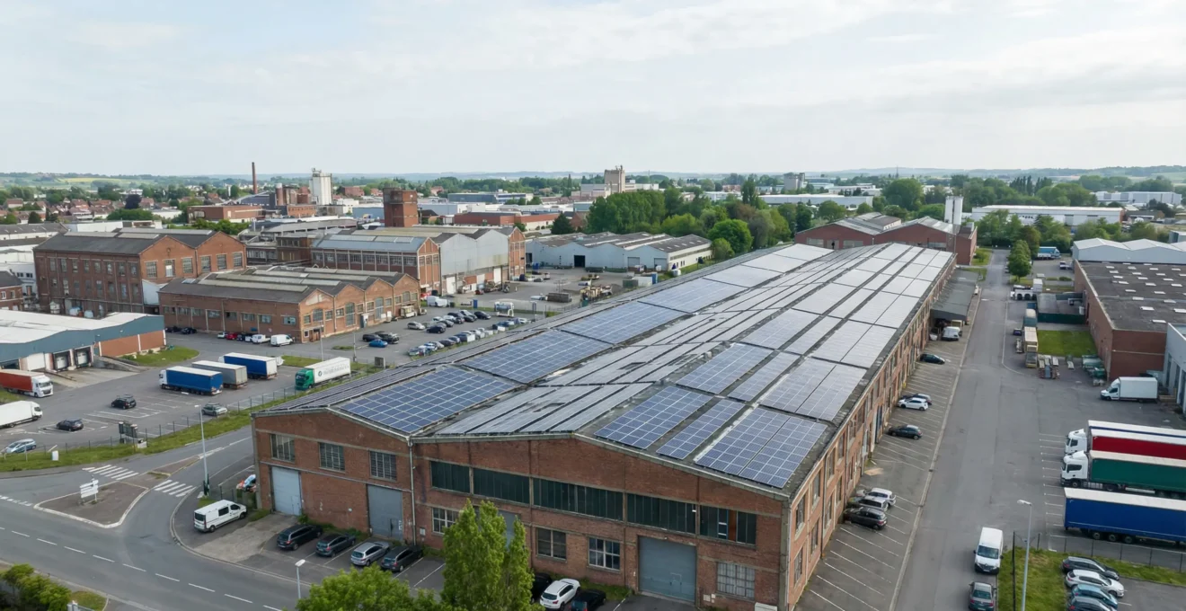 Toiture industrielle équipée de panneaux solaires photovoltaïques en zone industrielle française